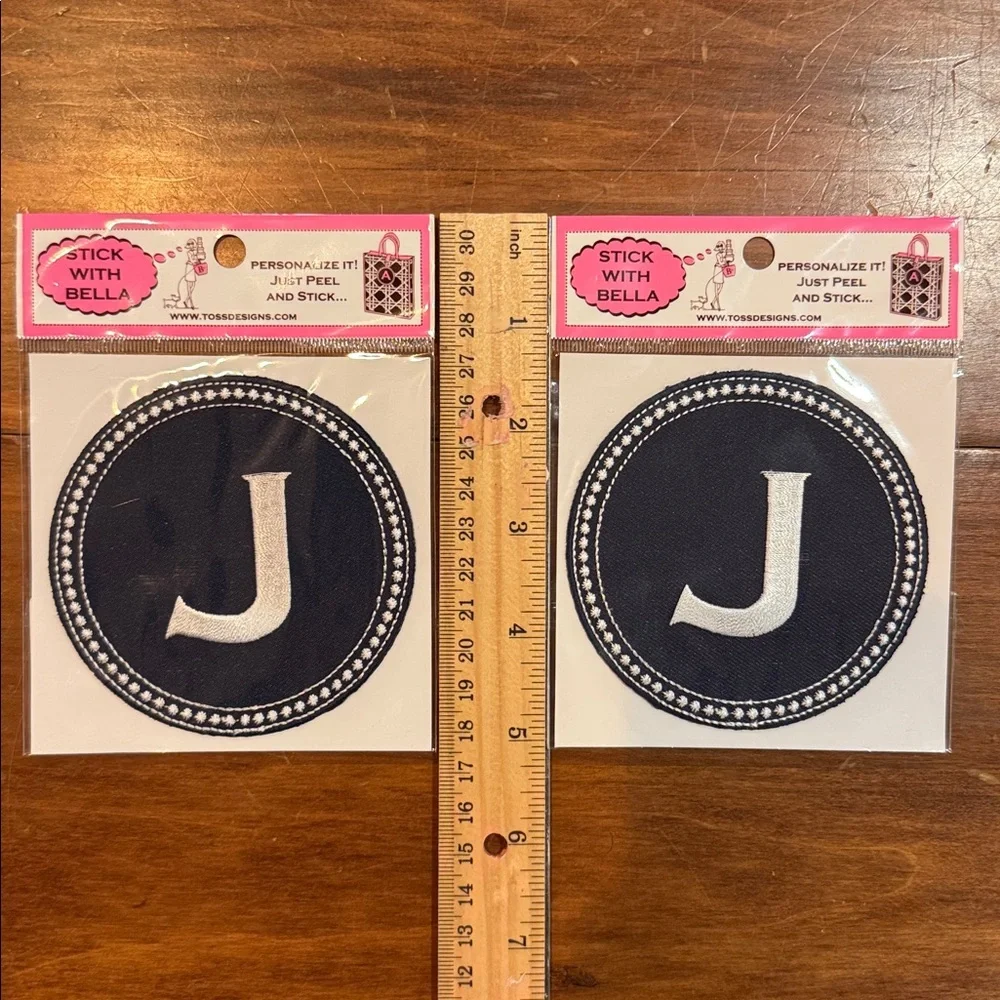 NIP TOSS Designs Peel & Stick Embroidered J Initial Patch Bella Set 2 Blue White